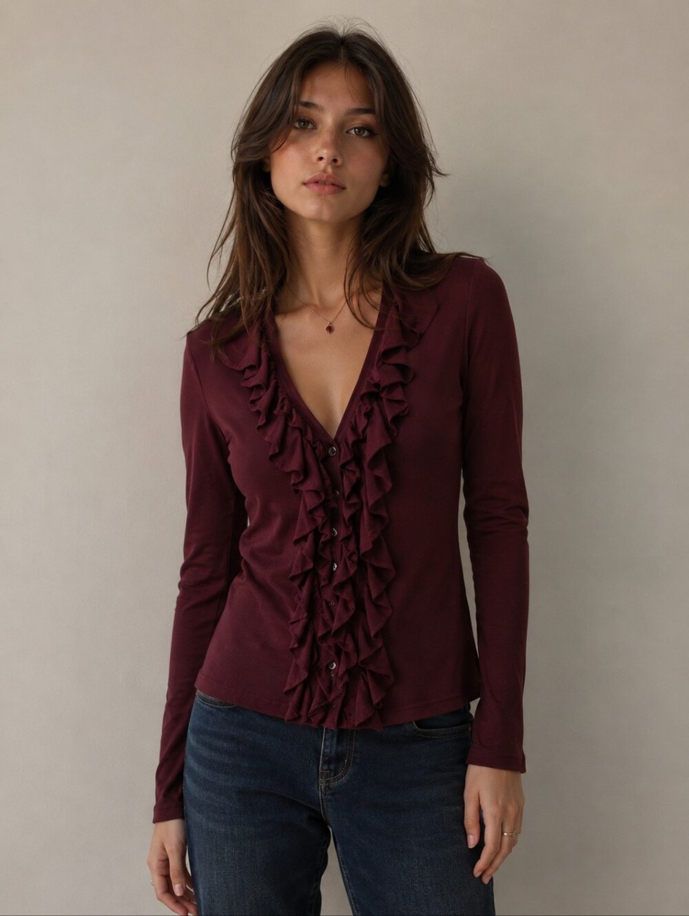 ❤ CONVERSE ONE STAR BUTTON DOWN KNIT RUFFLE TOP, SMALL